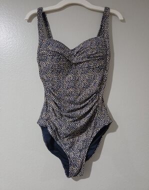 Navy Patterned Ruched One-Piece Swimsuit
